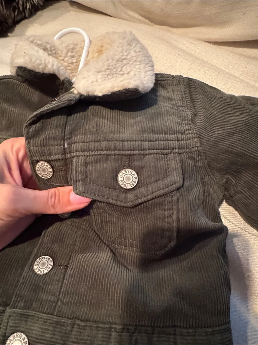 GAP Olive Green Corduroy Jacket with Cream Sherpa Collar